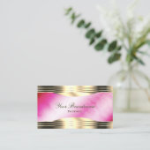 スタイリッシュピンク大理石金ゴールド縁どとロゴのエレガンス 名刺 (スタンド正面)