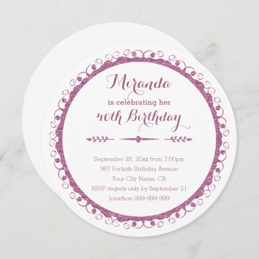 スタイリッシュピンク華美フレーム40歳の誕生日パーティー 招待状 (正面/裏面)