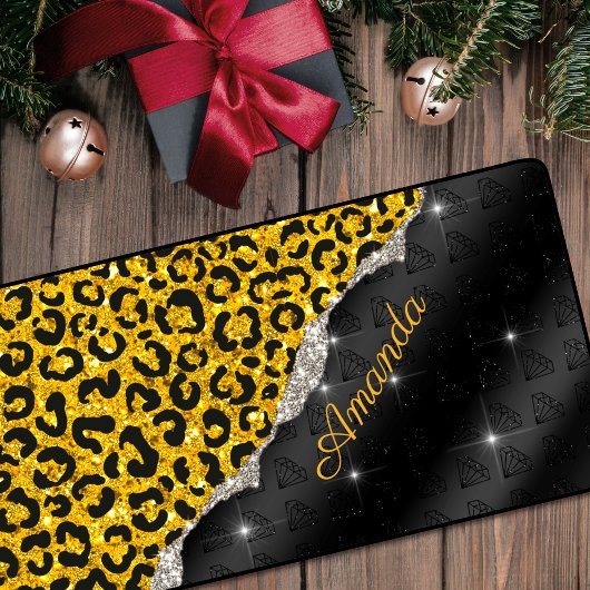 スタイリッシュフェイクガーリーグリッターアニマルプリントモノグラム デスクマット