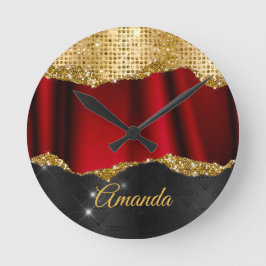 スタイリッシュフェイクグリッター赤金ゴールドブラックモノグラム ラウンド壁時計
