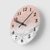 スタイリッシュフェイクバラピンクグリッターグラデーション白大理石 ラウンド壁時計 (傾斜)