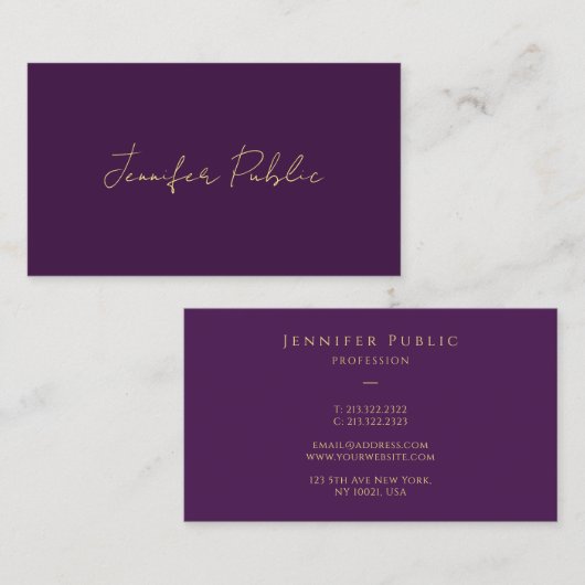 スタイリッシュフェイク金ゴールド書スクリプト文字紫 名刺 (正面/裏面)