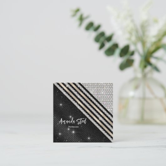 スタイリッシュフェイク銀と黒パーソナライズされた スクエア名刺 (スタンド正面)