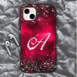 スタイリッシュフェイクCrystal rhinestone letter A red black iPhone 15ケース