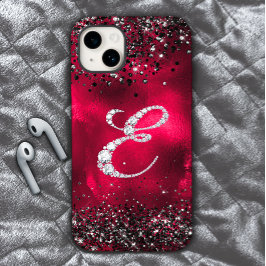 スタイリッシュフェイクCrystal rhinestone letter E red black iPhone 15ケース