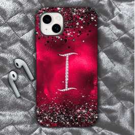 スタイリッシュフェイクCrystal rhinestone letter I red black iPhone 15ケース
