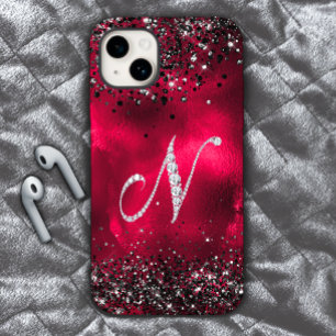 スタイリッシュフェイクCrystal rhinestone letter N red black iPhone 15ケース