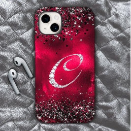 スタイリッシュフェイクCrystal rhinestone letter O red black iPhone 15ケース