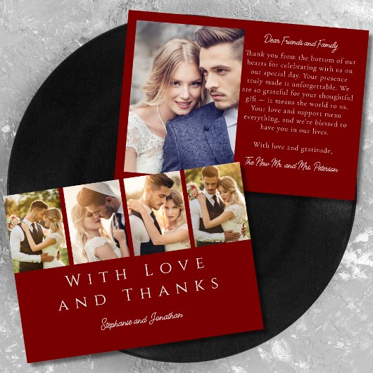 スタイリッシュフォトストッモダンプブルゴーニュ結婚レッド サンキューカード