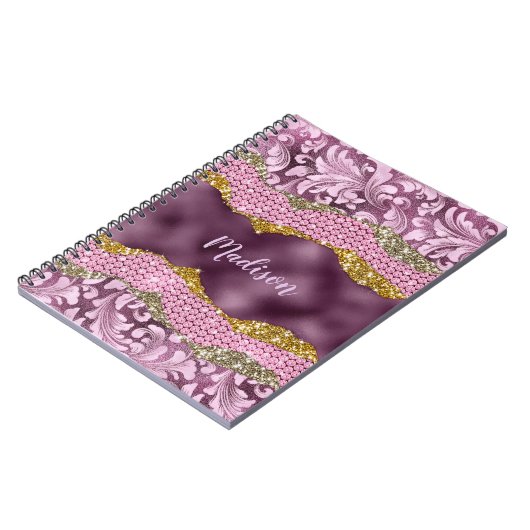 スタイリッシュフローラきらびやかな紫ピンクの金ゴールドモノグラム ノートブック (左側)