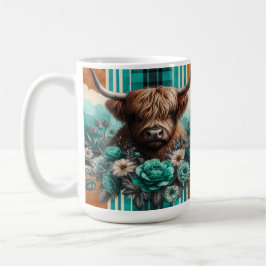 スタイリッシュフローラと幾何学模様のハイランド牛 コーヒーマグカップ