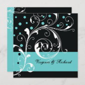 スタイリッシュフローラスクロールワーク黒、アクア結婚ズ 招待状 (正面/裏面)