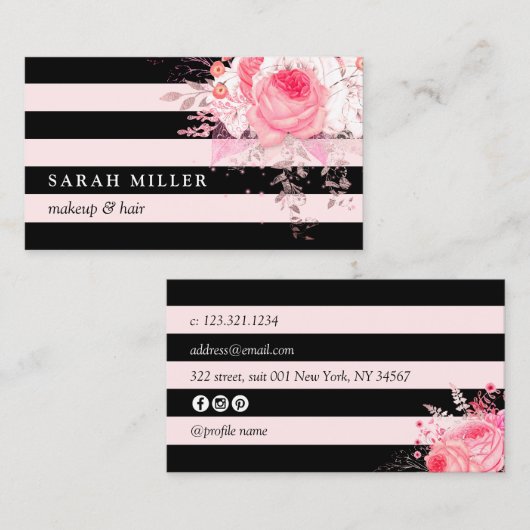 スタイリッシュフローラストライプ白黒メイクアップ 名刺 (正面/裏面)