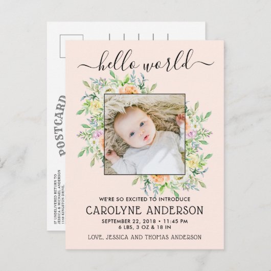 スタイリッシュフローラフレーム写真の誕生のお知らせ 案内ポストカード (正面/裏面)
