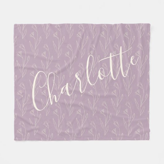 スタイリッシュフローララインアートパーソナライズされたダスティ薄紫 フリースブランケット (正面(横))