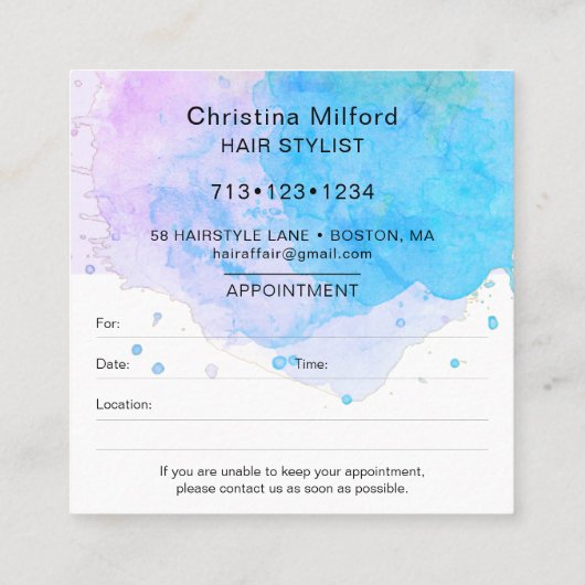 スタイリッシュヘアスタイリストアポイントメント水彩スプラッシュ スクエア名刺 (裏面)