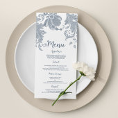 スタイリッシュホワイトマーブブルーフローラレース結婚のメニュー プログラム