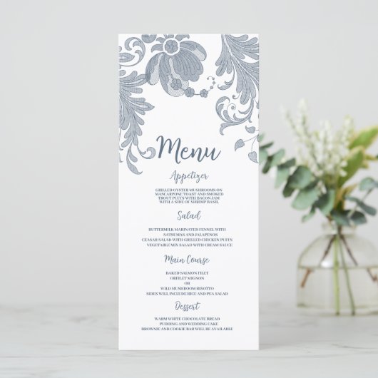 スタイリッシュホワイトマーブブルーフローラレース結婚のメニュー プログラム (スタンド正面)