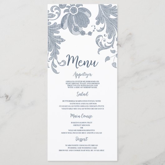 スタイリッシュホワイトマーブブルーフローラレース結婚のメニュー プログラム (正面)