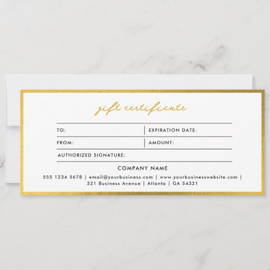 スタイリッシュミニマル金ゴールドおよびホワイトギフト証明書 (正面)