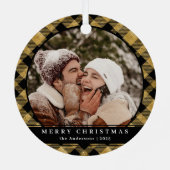 スタイリッシュミニマル金ゴールド格子模様のクリスマスカップル写真 メタルオーナメント (裏面)