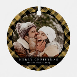 スタイリッシュミニマル金ゴールド格子模様のクリスマスカップル写真 メタルオーナメント