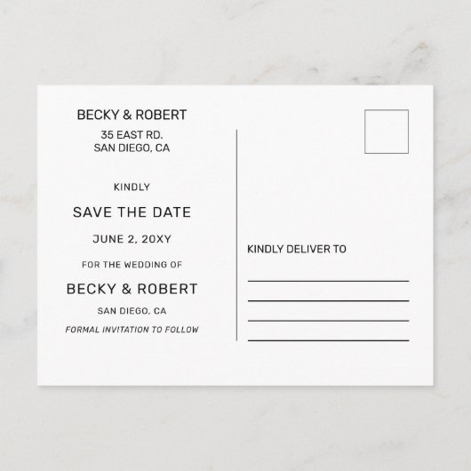 スタイリッシュモダンタイポグラフィ写真の保存日付 案内ポストカード (裏面)