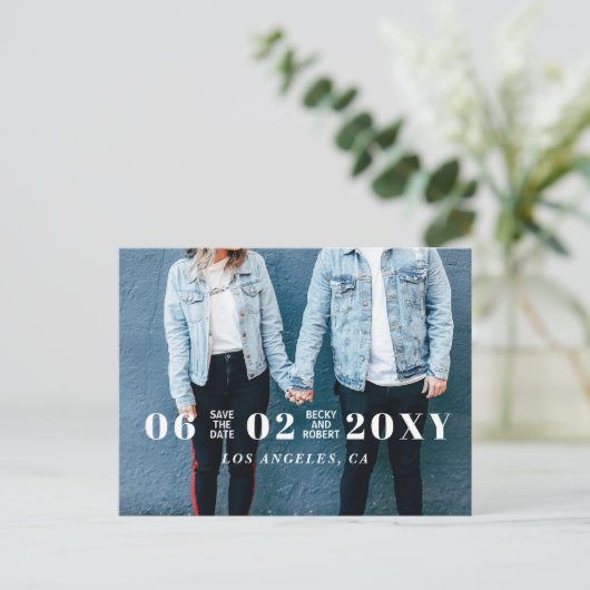 スタイリッシュモダンタイポグラフィ写真の保存日付 案内ポストカード (スタンド正面)