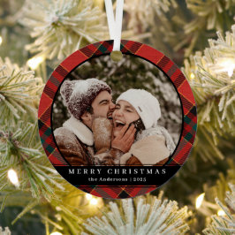 スタイリッシュモダンタータンチェックのPlaidクリスマスカップルの写真 メタルオーナメント