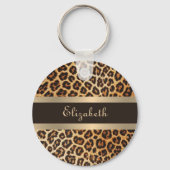 スタイリッシュモダンヒョウ柄ブラウン&金ゴールドストライプ キーホルダー (正面)