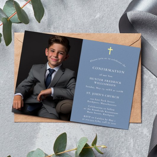 スタイリッシュモダンミニマル写真の青 招待状