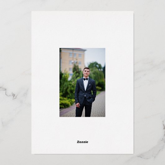 スタイリッシュモダン卒業写真の緑金ゴールド 箔招待状 (裏面)