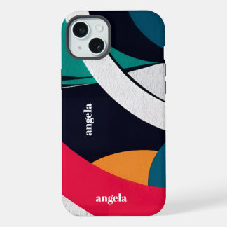 スタイリッシュモダン抽象芸術幾何ティール（緑がかった色）、青、赤 iPhone 15 PLUSケース