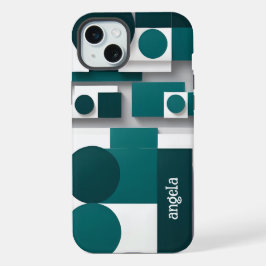 スタイリッシュモダン抽象芸術幾何学ティール（緑がかった色）白 iPhone 15 PLUSケース