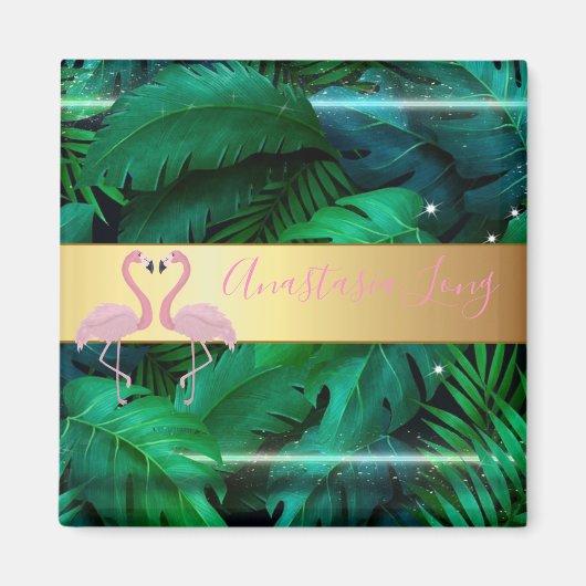 スタイリッシュモダン葉Tropical Palm Flamingos マグネット (正面)