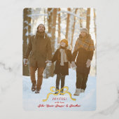 スタイリッシュモダン金ゴールドのクリスマスボウ写真 箔シーズンカード (正面)