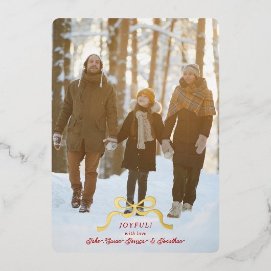 スタイリッシュモダン金ゴールドのクリスマスボウ写真 箔シーズンカード (正面)