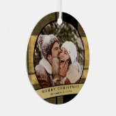 スタイリッシュモダン金ゴールド格子模様のクリスマスカップル写真 メタルオーナメント (正面右)