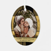 スタイリッシュモダン金ゴールド格子模様のクリスマスカップル写真 メタルオーナメント (正面左)