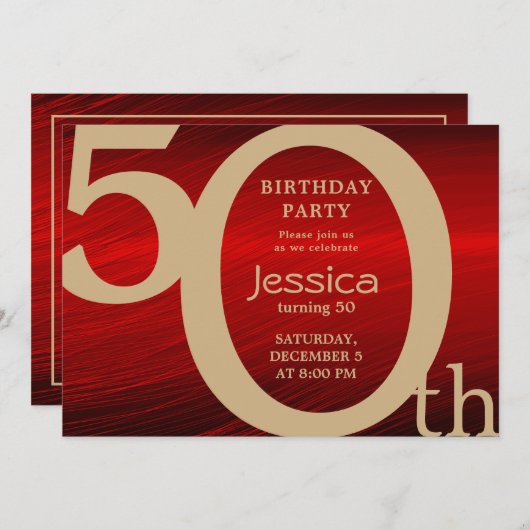 スタイリッシュモダン金ゴールド赤誕生日招待状 招待状 (正面/裏面)
