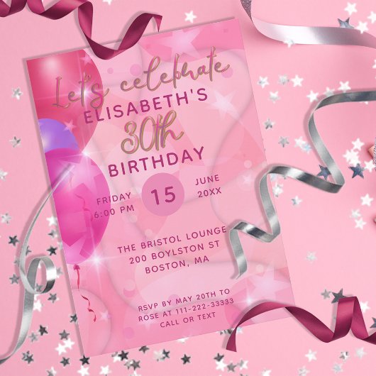 スタイリッシュモダンPink Balloons 30th Birthdayパーティー 招待状
