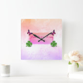 スタイリッシュモダンPink Buterfly, Green Clover スクエア壁時計 (ホーム)