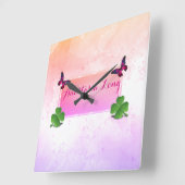 スタイリッシュモダンPink Buterfly, Green Clover スクエア壁時計 (傾斜)