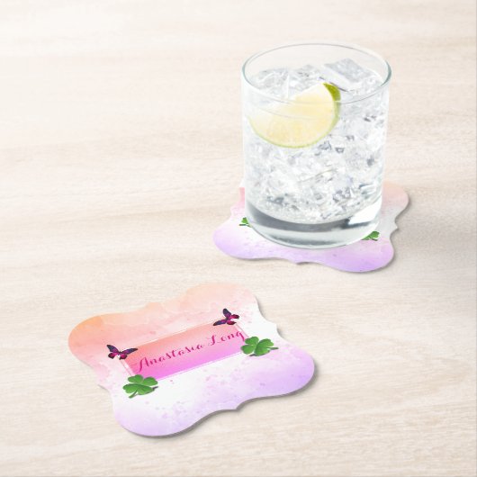 スタイリッシュモダンPink Buterfly, Green Clover ペーパーコースター (インサイチュ)
