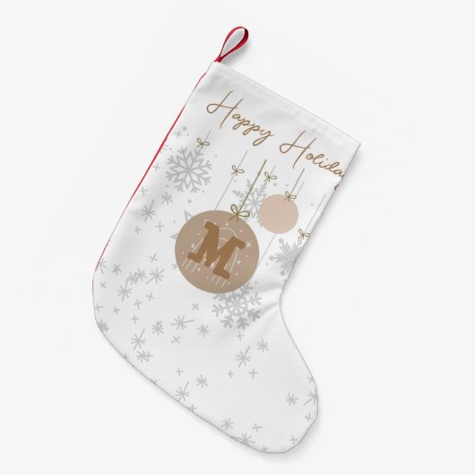 スタイリッシュモノグラムの茶色と灰色の雪 スモールクリスマスストッキング (正面 (吊り時))