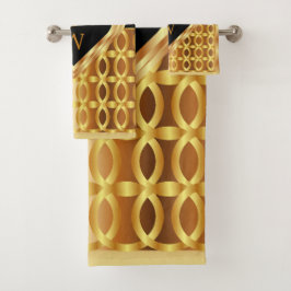スタイリッシュモノグラムの金ゴールドと黒ハート幾何学模様 バスタオルセット