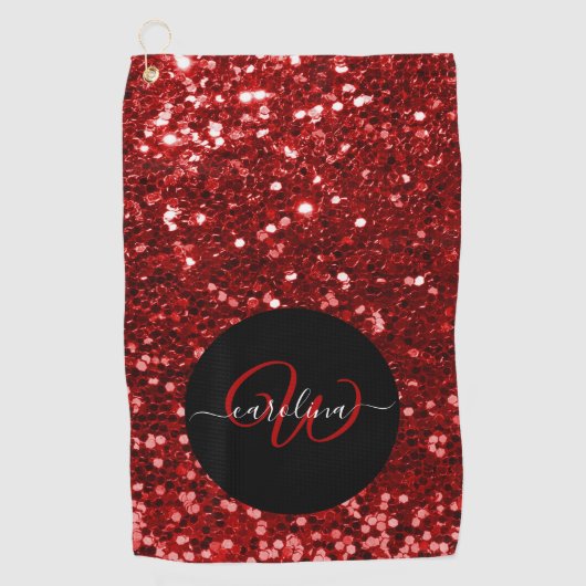 スタイリッシュモノグラム赤グリッター名黒 ゴルフタオル (正面)