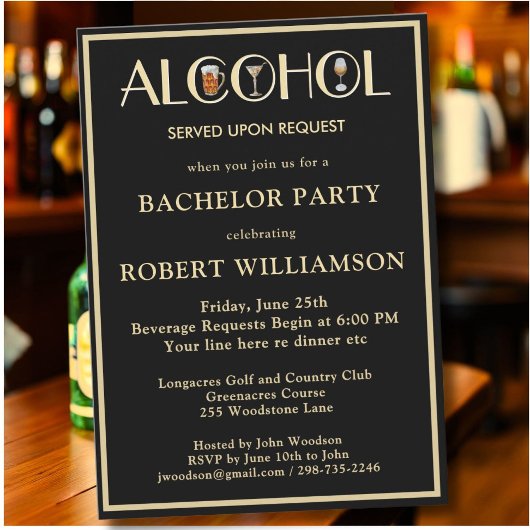 スタイリッシュユーモア黒と金ゴールドバチュラーパーティ 招待状