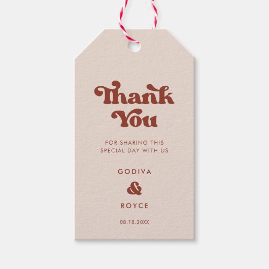 スタイリッシュレトロなピーチ結婚ピンク ギフトタグ (正面)