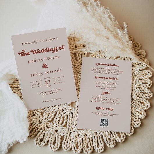 スタイリッシュレトロなピーチ結婚ピンク 招待状